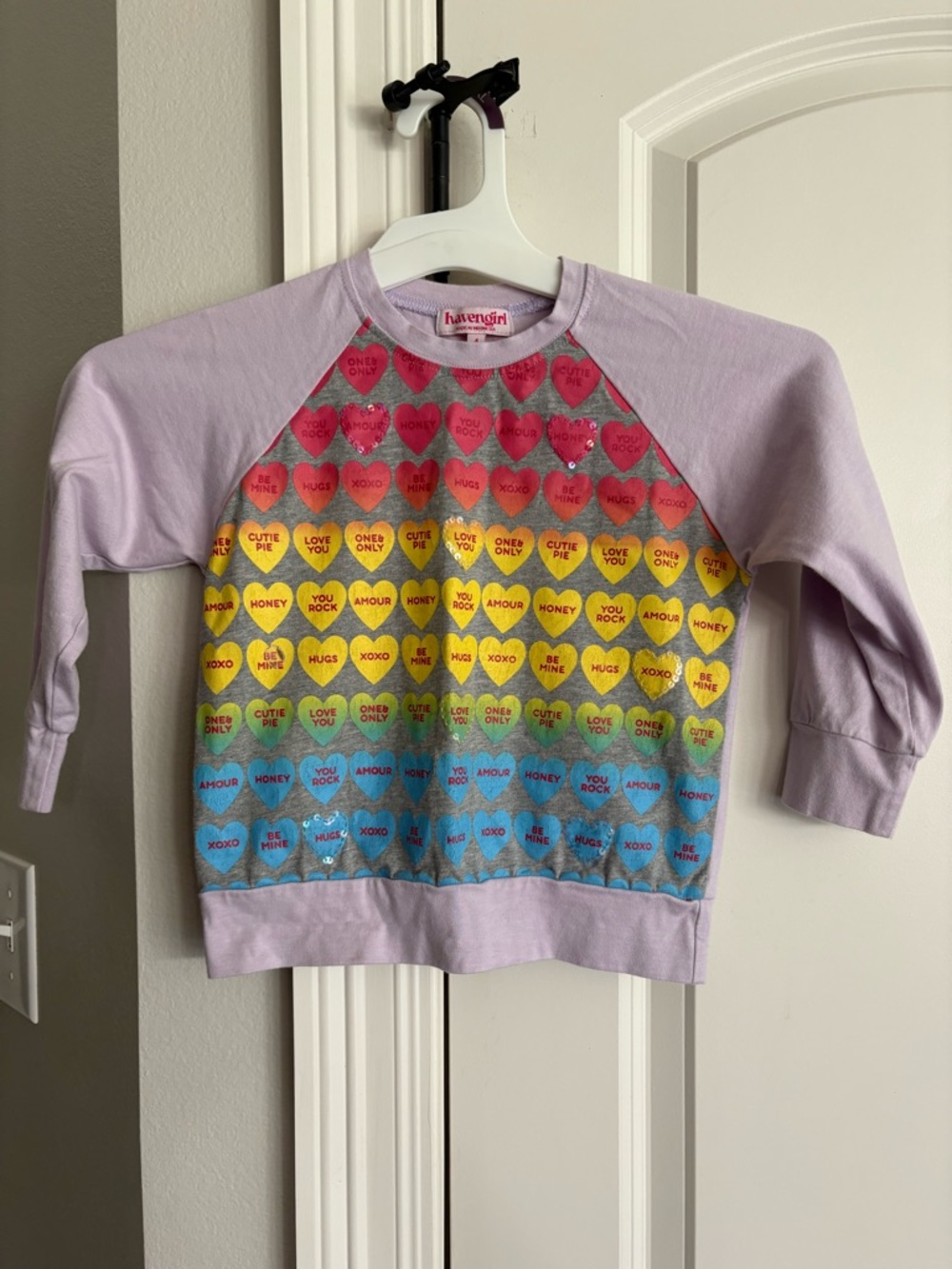 Havengirl light purple with hearts on front long sleeve tshirt size 4 GUC